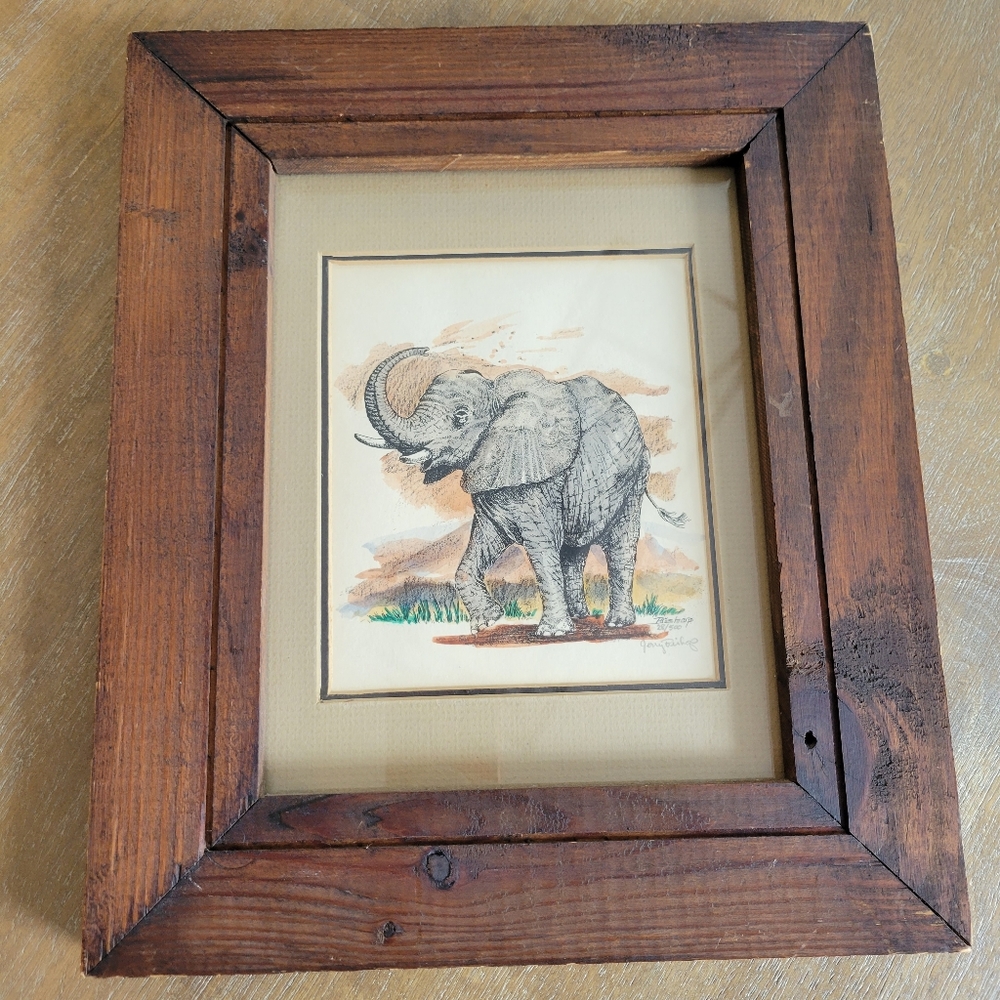 Signed Jerry Bishop print - elephant - framed